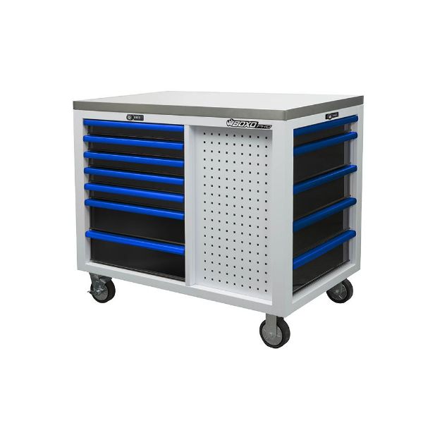 Picture of Boxo 45" 12-Drawer Pro Series Cleetus Workstation with Stainless Worktop (Gloss White) Loaded With Tools