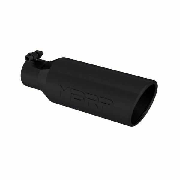 Picture of 4 Inch OD 2.5 Inch Inlet 12 Inch Length Exhaust Tail Pipe Tip Angled Cut Rolled End Clampless-No Weld Black Coated MBRP