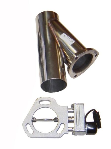 Picture of Y Exhaust Electric Dump Cutout 3 in Hardware Incl Natural Aluminum And 304 Stainless Steel Pypes Exhaust